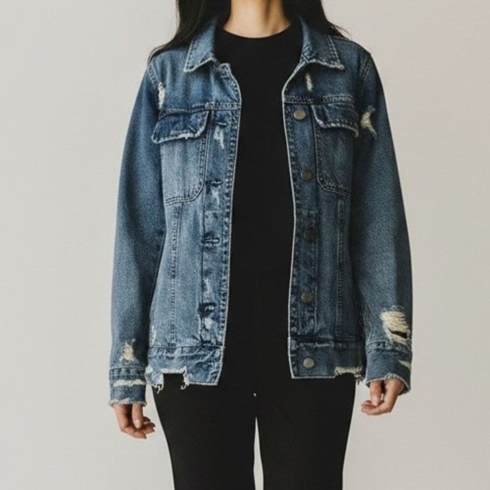 Blank NYC Women Distressed Jean Denim Trucker Jacket Medium Wash Blue Rugged XS